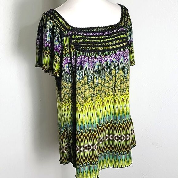 Cato Colorful Top with Embroidered Neckline, Purple, Green & Black, Size XL - Picture 2 of 8